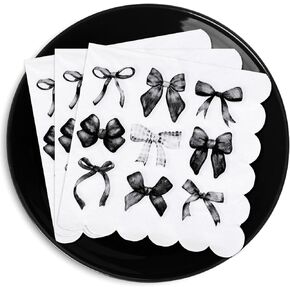50 Pcs Black Bow Paper Napkins Bowknot Coquette Scalloped Disposable Napkins Watercolor Luncheon Dinner Napkins for Birthday Bachelorette Party Table Supplies