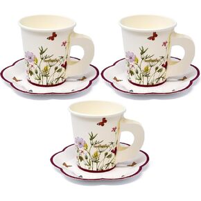 Gift Boutique 24 Tea Party Cups Disposable 5 Oz 24 Saucers Paper Plate Floral Wildflower Butterfly Teacup Set with Handles for Kids Girls Birthday