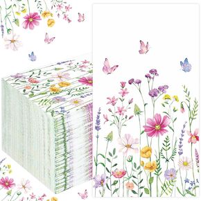 100 PCS Spring Floral Guests Napkins Disposable Wildflower Dinner Napkins 3-Ply Spring Flower Butterfly Hand Paper Napkins for Wedding Bridal Baby Shower Birthday Tea Party Supplies