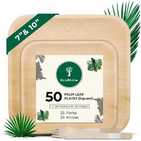 Palm Leaf Disposable Plates - Bamboo Plates Disposable 7 &10 Inch Square (50pc) - 100% Compostable & Biodegradable Plates with Cutlery (25 Forks, 25 Knives) - Heavy-Duty, Party Dinnerware Set