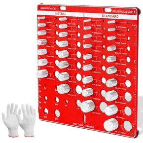 42 Nut and Bolt Thread Checker Standard and Metric with Gloves, Red Bolt Size and Nut Identifier Gauge, 19 Standard & 15 Metric with 8 Drill Bit Gauge