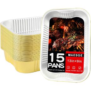 9x13 Aluminum Pans With Lids (15 PACK+15 LIDS) Heavy Duty Gold Double Thick Disposable Aluminum Foil Chafing Dishes For Buffet Set Catering Containers Steam Heating Meal Prep