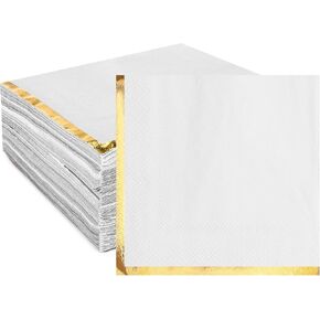 Fulmoon 200 Pcs Paper Napkins with Gold Foil Edge 2 Ply Cocktail Napkins Soft Disposable Golden Trim Lined Dinner Napkins Decorative Cocktail Napkin Paper for Wedding Birthday Anniversary (White)
