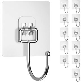 12-Pack Large Adhesive Wall Hooks for Hanging Heavy Duty 44lbs, Rustproof & Waterproof Hanging Hooks for Bathroom Kitchen Home, Bolded 304 Stainless Hangers for Keys Robe & Towel, Clear