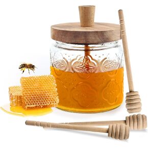 17oz Honey Jar with 3 Wooden Dippers,Glass Honey Pot Container Dispenser,Clear Glass Honey Container for Home Kitchen,Store Honey and Syrup,Easy to Clean