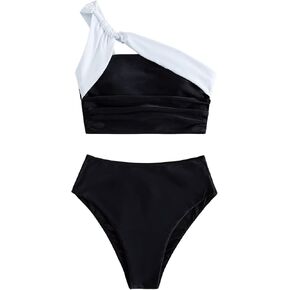 SweatyRocks Women's 2 Piece Swimsuit One Shoulder High Cut Bikini High Waist Bathing Suit Black White M