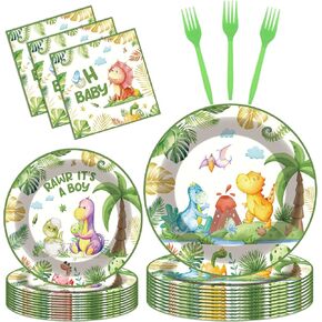 Dinosaur Baby Shower Party Decorations - 96 Pcs Green Plates Napkins Forks Tableware Set for Boy Birthday Party Decor, Cute Dinosaur Disposable Tableware Home Kid Birthday Decor for 24 Guests