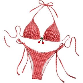 SHENHE Women's Checkered Swimsuits 2 Pieces Halter Triangle Plaid Cheeky Bikini Set