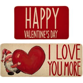 Happy Valentines Day Decorative Kitchen Mats Set of 2, Non-Slip Absorbent Rug and Door Mats, Love Heart Farmhouse Seasonal Kitchen Floor Mat 17x29 and 17x47 Inch DM046