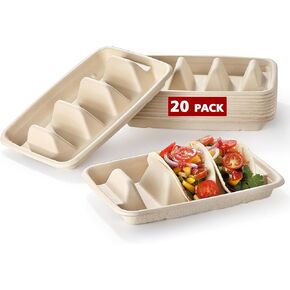20 PCS Disposable Taco Holders, COKUMA Taco Bar Serving Set for a Party, Taco Plates with Dividers, Taco Plates Tray Stand for 3 Tacos, Taco Tuesday