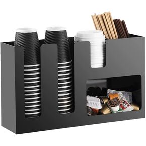 6 Compartment Coffee Condiment and Cup Storage Organizer, Paper Cup and Lid Holder with Straw Organizer, Disposable Coffee Cup Dispenser for Countertop Coffee Station Bar Accessories Breakroom, Black