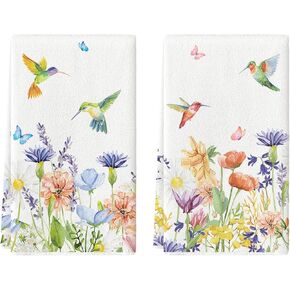 Artoid Mode Anemone Flower Hummingbird Kitchen Towels Dish Towels, 18x26 Inch Seasonal Spring Summer Wild Floral Holiday Decoration Hand Towels Set of 2