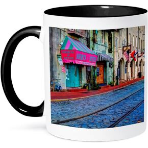 3dRose USA Georgia Savannah Historic Buildings Along River Street Two Tone Mug, 11 oz, Black
