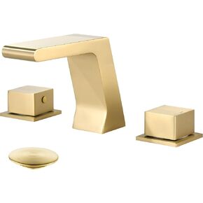 Bathroom Sink Faucet 3 Hole Brushed Gold, Waterfall Bathroom Faucet with Pop Up Drain and cUPC Supply Line, 2 Handle Metal Widespread Faucet for Bathroom Vanity Sink
