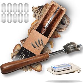 Handcrafted Bread Lame Made of Rich Dark Walnut Wood - Superior Handgrip Design for Easy Use & Clean Cuts - Natural Cork Storage Case with 10 Replaceable Quality Blades