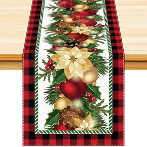 Nialnant Christmas Decorations Table Runners,Winter Christmas Table Decorations with Xmas Balls Poinsettia Flowers,Holiday Table Runner for Birthday Party Kitchen Dining - 13x72 Inch