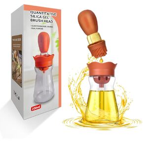 Oil Dispenser Bottle with Silicone Brush, 200ML 2 in 1 Silicone Dropper Measuring Oil Dispenser Bottle for Kitchen Cooking, Frying, Baking, BBQ Pancake, Air Fryer, Marinating - Orange