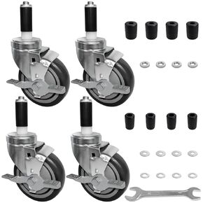 MySit 4 Inches Prep Table Wheels Set of 4, Expanding Stem Casters with Side Brake Fit 7/8", 1", 1-1/8", 1-1/4", 1-3/8"ID Tube Pipe Legs for Stainless Steel Kitchen Cart, Wire Shelving Racks