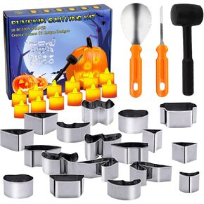 33 PCS مجموعة نقش اليقطين ، أدوات الفولاذ المقاوم للصدأ مع Hammer DIY Stencils Pumpkin Carver Kit Strving مجموعة لزينة الهالوين آمنة للأطفال البالغين مع 12 أضواء الشموع