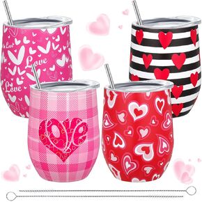 Zopeal 4 Pieces Valentine's Day Gifts for Women Heart Coffee Cups Anniversary Birthday Gifts for Girlfriend Wife 12 oz Wine Tumblers Double Wall Insulated Water Bottle with Straws Lids Brushes