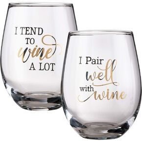 Lillian Rose Glass Set with Funny Wine Sayings, 4.75", Clear