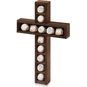 Championship Ring Cross Display Case 12 Ring Posts Baseball Ring Holder 9 x 14.4 Inches Wall Mount Wooden Shadow Box for Sports Award Rings Fan Souvenirs Display(Walnut)