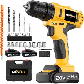 3/8 Drill Handheld Drill Kit with 18+1 Torque Setting, 20V Cordless Drill Set, Electric Screwdriver Tools Kit, LED Electric Power Drill Set with Battery and Charger, 2 Batteries
