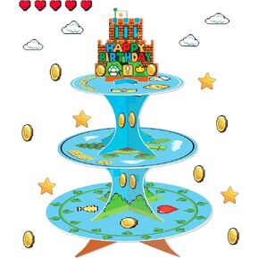 Super Brothers Party Cupcake Stand with Stars & Goldcoin Cupcake Toppers 24pcs, Video Game Birthday Party Supplies for Kids Boy Birthday Cupcake Decoration Super Game Bros 3 Tier Cupcake Stand