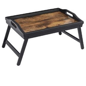 SONGMICS Bed Tray Table with Bamboo Folding Legs, Sofa Breakfast Tray, Serving Tray with Groove for Phone Tablet, Rustic Dark Brown ULLD111B01