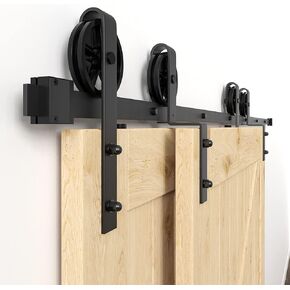 WINSOON 5FT - 10FT Bypass Sliding Barn Door Hardware Kit 8FT Single Track for Double Doors, Big Spoke Wheel, Heavy Duty, One Piece Rail Low Ceiling
