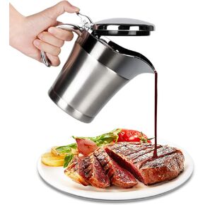 Stainless Steel Double Insulated Gravy Boat - Sauce Jug with Hinged Lid, Multipurpose Jug Dispenser, Ideal for Gravy or Cream at Thanksgiving, Halloween, Christmas, Dishwasher Safe (450ML/16 OZ)