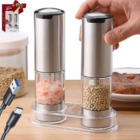 Stainless steel 304 Rechargeable Electric Salt and Pepper Grinder Set with Storage Base,Germany tech,One-hand operation,LED lead Light,Adjustable Coarseness,One-hand operation,Ideal for Kitchen
