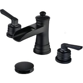 Black Widespread Bathroom Faucet Waterfall,3 Hole 2 Handles Matte Bathroom Faucet Bath Sink Lavatory Mixer Tap,8 Inch with Drain Assembly with Overflow and Supply Line Lead-Free