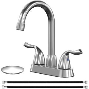 Bathroom Sink Faucet, 2 Handle Bathroom Faucet 4 Inch Centerset Bathroom Faucet 3 Hole with Pop-up Drain and Supply Lines, Stainless Steel 360 Swivel Spout, Lead-Free, Brushed Nickel