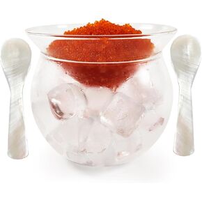 Glass Caviar Serving Set with 2 Pcs Mother of Pearl Spoons Caviar Dish Chiller Server Set with Ice Holder and 3.5 Inch Caviar Spoon for Shrimp Ice Cream Sauce Dishwasher Safe