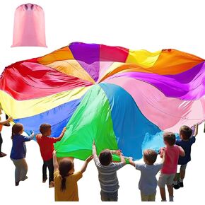 Play Parachute, Large Rainbow Parachute with Handles Parachute Multicolored Toy Tent Cooperative Play Group Play Games for Indoor Outdoor Playground Activities(35 Feet)