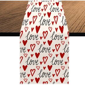 Red Love Heart Valentine's Day Table Runner, Seasonal Valentine Anniversary Kitchen Dining Table Decoration for Home Party Decor 13x70 Inch