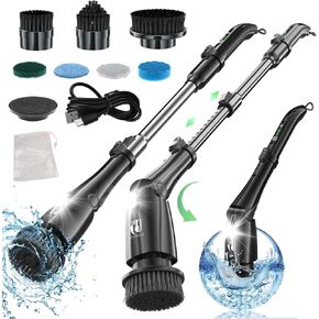 Electric Spin Scrubber, Cordless Cleaning Brush with LED Display, 7 Replaceable Heads, 300-500 RPM, 3 Speeds, Adjustable & Detachable Handle, 4000 mAh, for Bathroom, Kitchen, Tile Floor
