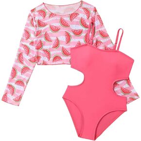 Girl's Watermelon Print Long Sleeve Cover Up & Cami One Piece Swimwear Bathing Suit 2 Piece Set