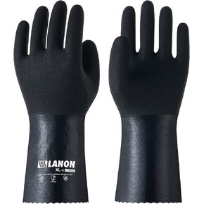 LANON Nitrile Chemical Resistant Gloves, Reusable Heavy-Duty Rubber Gloves with MicroFoam Textured Palm, Acid, Alkali and Oil Protection, Black, Large