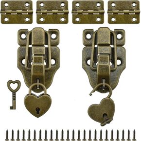Aifeier ET 2 Sets Retro Style Duckbilled Toggle Hasp Latch Heart-Shaped Padlock and Antique Folding Flush Hinge Kit with Mounting Screws for Jewelry Box Crate Furniture Decoration-Bronze