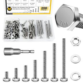 1/4-20 Bolt, 200PCS Nuts and Bolts Assortment Kit with 1/4 20 Bolt, Hex Nuts and Washers, 304 Stainless Steel 18-8, Assorted Nuts and Bolts Kit Includes 7 Most Common Sizes, Fully Threaded