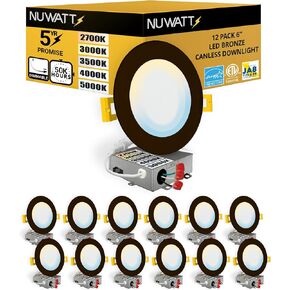 NUWATT 12 Pack 6 Inch Ultra-Thin Bronze LED Recessed Lighting, 5CCT 2700K/3000K/3500K/4000K/5000K Selectable, High Brightness 1050 Lumens, Dimmable Canless Slim Wafer Light, IC Rated, Metal J-Box, ETL