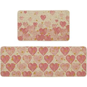 Artoid Mode Bling Bling Pink Love Heart Valentines Day Kitchen Mats Set of 2, Home Decor Low-Profile Kitchen Rugs for Floor - 17x29 and 17x47 Inch