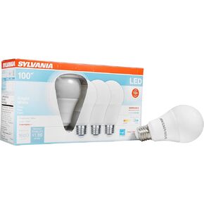 Sylvania A19 LED Light Bulb, 100W = 16W, Dimmable, Medium Base, Frosted Finish, 1600 Lumens, 3500K, Bright White - 4 Pack (40738)