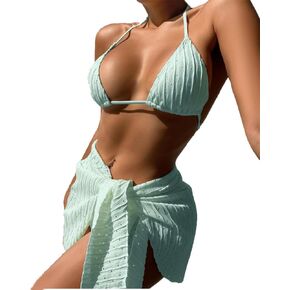Spevert Women's 3 Piece Bikini Sets Halter Triangle Tie Fishnet Mesh Swimsuits with Beach Skirt Swimwear Set
