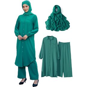 Abayas Dress for Women Muslim Robe Islamic Kaftan 3 PCS Set Long Sleeve Button Shirts Pants Hijab Dubai Outfits