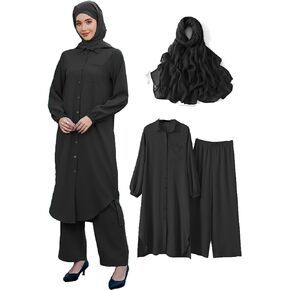 Abayas Dress for Women Muslim Robe Islamic Kaftan 3 PCS Set Long Sleeve Button Shirts Pants Hijab Dubai Outfits