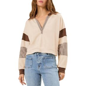 Fisoew Women's Cropped Sweatshirt Polo V Neck Color Block Long Sleeve Casual Loose Pullover Crop Tops