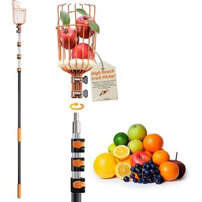 Fruit Picker Pole with Basket Telescoping 4-12 ft Apple Picker Extension Pole // Telescopic Fruit Tree Picker Tool for Picking Orange Mango Avocado Lemon Pear // The Ultimate High-Reach Fruit Grabber